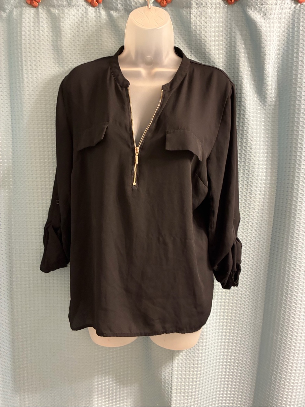 INC International Concepts Women’s Black Mock Neck Zip-Front Blouse 3/4 L